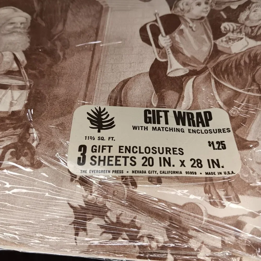 2 Packs VTG Sepia Tone Christmas Wrapping Paper Santa Elves 20x28 W/ Gift Tags